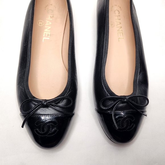 CHANEL Black Cambon Leather Ballet Flats Bow CC Logo Classic Ballerina Size 37.5 - Picture 2 of 15